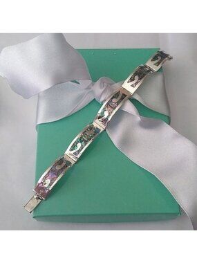 Sterling Silver 5 Panel Hinged Hecho en Mexico Abalone Inlay bracelet, 7"